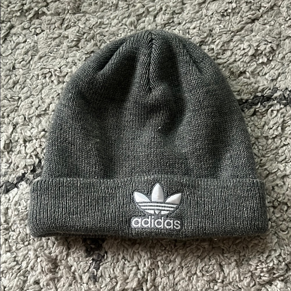 Adidas Gray Knit Hat with Ribbed Texture and Folded Cuff